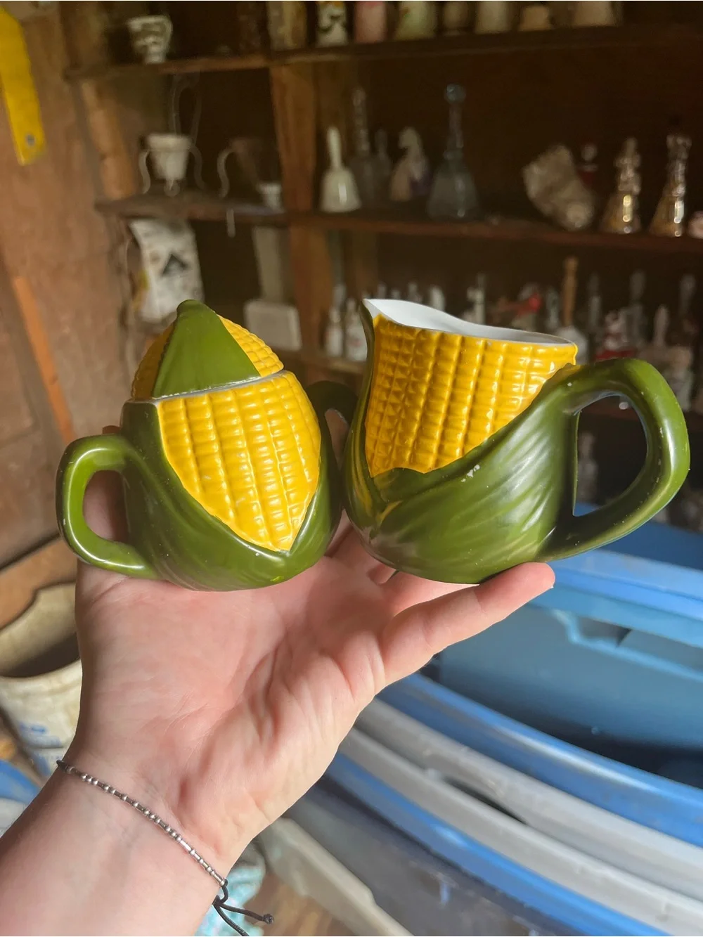 Vintage Corn-Shaped Ceramic Creamer and Sugar Set - Yellow & Green